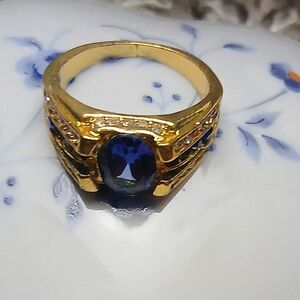 Men's Gold-Tone Ring with Deep Blue Center Stone